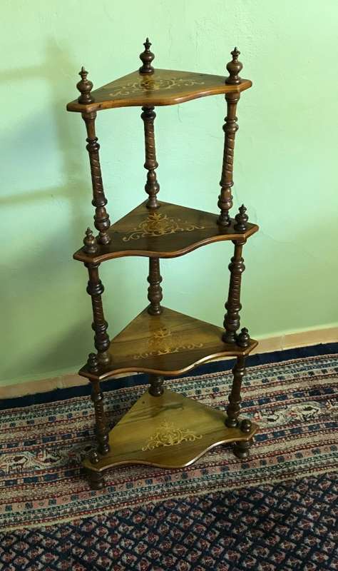 VICTORIAN INLAID WALNUT WHATNOT 1837 to 1901 Inlaid four tier corner what-not turned column supports
