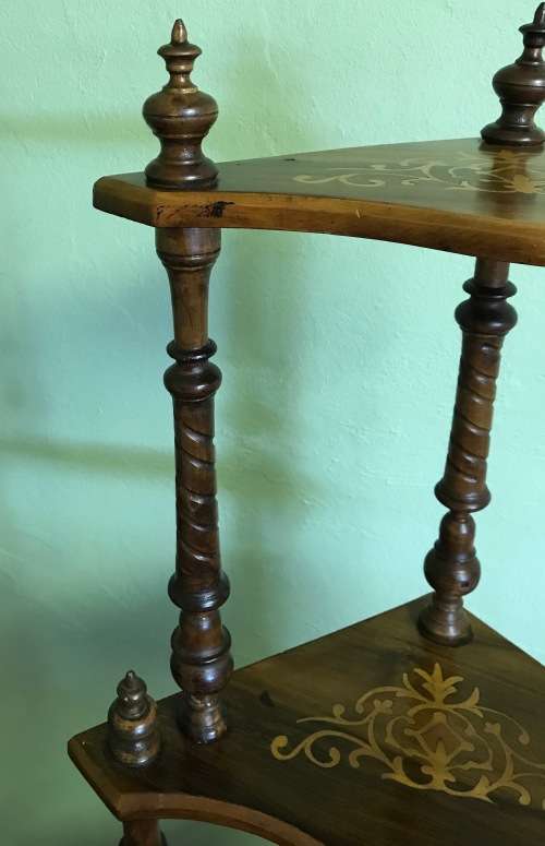 VICTORIAN INLAID WALNUT WHATNOT 1837 to 1901 Inlaid four tier corner what-not turned column supports