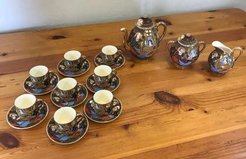 SATSUMA JAPANESE TEA set 21 Piece ORIENTAL SHIMAZU CLAN GEISHA TEAPOT MILK JUG LIDDED SUGAR 8 DUOS