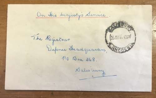 SOUTHERN RHODESIA SALISBURY 20 JUNE 1945 ON HIS MAJESTY`S SERVICE DEFENCE HEADQUARTERS THE REGISTRAR