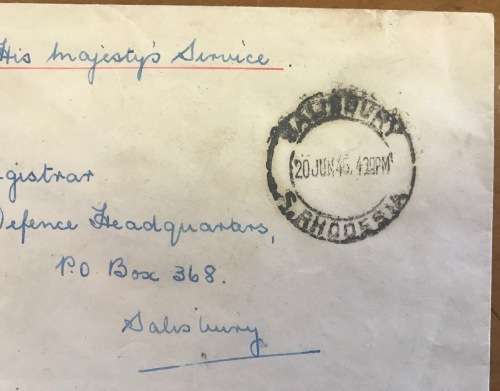SOUTHERN RHODESIA SALISBURY 20 JUNE 1945 ON HIS MAJESTY`S SERVICE DEFENCE HEADQUARTERS THE REGISTRAR