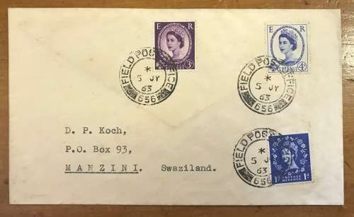 GREAT BRITAIN=FIELD POST OFFICE 656=JULY 1963=to MANZINI, SWAZILAND=Episkopi=Cyprus B.F.P.O. 53=QEII