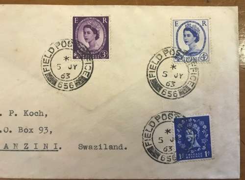 GREAT BRITAIN=FIELD POST OFFICE 656=JULY 1963=to MANZINI, SWAZILAND=Episkopi=Cyprus B.F.P.O. 53=QEII
