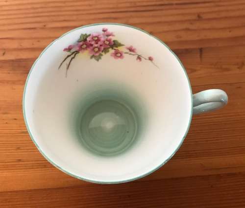 SHELLEY BLOSSOM TEA TRIO GREEN SWIRL CAMBRIDGE CUP SHAPE 1938-66 3 piece England 13539 FLOWER 823343
