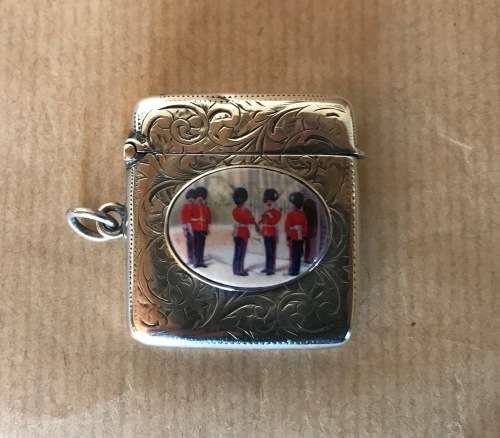 STERLING SILVER & ENAMEL VESTA CASE=WILLIAM M. HAYES=BIRMINGHAM=1900="Queens Guards"=ENGLAND.