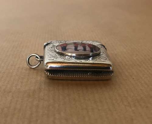 STERLING SILVER & ENAMEL VESTA CASE=WILLIAM M. HAYES=BIRMINGHAM=1900="Queens Guards"=ENGLAND.