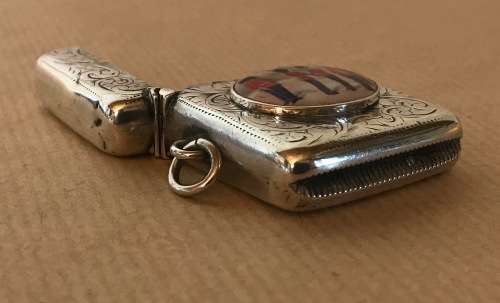 STERLING SILVER & ENAMEL VESTA CASE=WILLIAM M. HAYES=BIRMINGHAM=1900="Queens Guards"=ENGLAND.