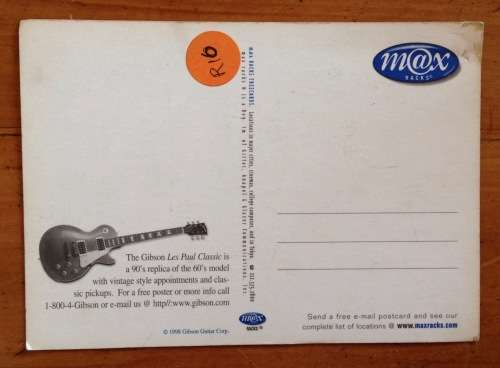 POSTCARD POST CARD GIBSON GUITARS GOLD STANDARD THE LES PAUL CLASSIC IN BULLION GOLD 90`s REPLICA.