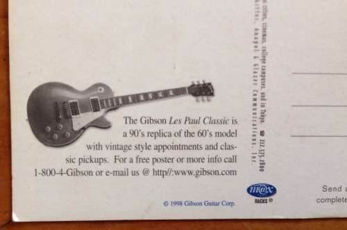 POSTCARD POST CARD GIBSON GUITARS GOLD STANDARD THE LES PAUL CLASSIC IN BULLION GOLD 90`s REPLICA.