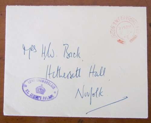 LORD CHAMBERLAIN`S OFFICE ST. JAMES PALACE LONDON to NORFOLK 2 JUNE 1958 EMBOSSED BLACK CROWN ARMS.