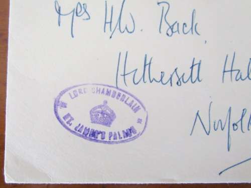 LORD CHAMBERLAIN`S OFFICE ST. JAMES PALACE LONDON to NORFOLK 2 JUNE 1958 EMBOSSED BLACK CROWN ARMS.