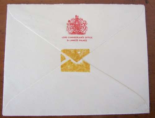 LORD CHAMBERLAIN`S OFFICE ST. JAMES PALACE LONDON to NORFOLK 2 JUNE 1958 EMBOSSED BLACK CROWN ARMS.