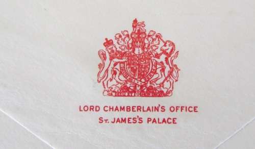 LORD CHAMBERLAIN`S OFFICE ST. JAMES PALACE LONDON to NORFOLK 2 JUNE 1958 EMBOSSED BLACK CROWN ARMS.