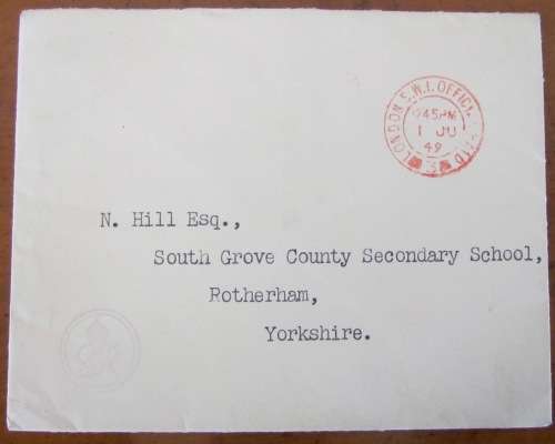 BUCKINGHAM PALACE LETTER LONDON to YORKSHIRE 1 JUNE 1949 ER PURPLE CACHET Honi soit qui mal y pense.