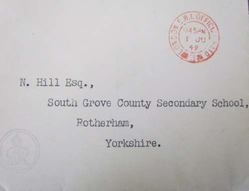 BUCKINGHAM PALACE LETTER LONDON to YORKSHIRE 1 JUNE 1949 ER PURPLE CACHET Honi soit qui mal y pense.