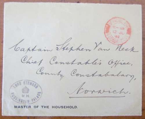 LORD STEWARD BUCKINGHAM PALACE MASTER of the HOUSEHOLD WINDSOR, BERKSHIRE to NORWICH 12 JUNE 1943.
