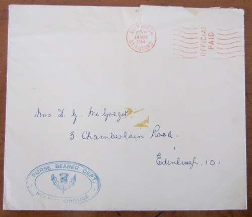 HOLYROODHOUSE PURSE BEARER DEPT. THE LORD HIGH COMMISSIONER EDINBURGH 1964 ROYALTY ROYAL MAIL.