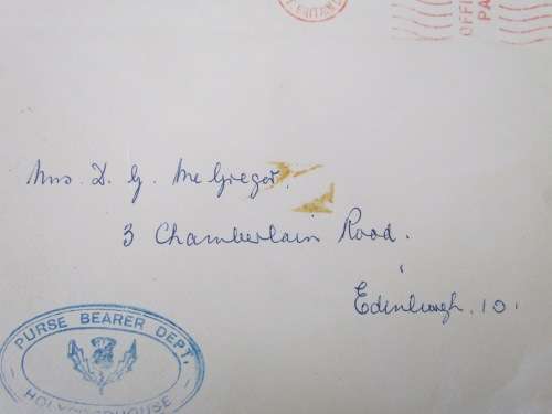 HOLYROODHOUSE PURSE BEARER DEPT. THE LORD HIGH COMMISSIONER EDINBURGH 1964 ROYALTY ROYAL MAIL.