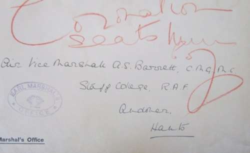 EARL MARSHAL`S OFFICE AIR VICE MARSHALL BARRETT STAFF COLLEGE R.A.F. 1969 ROYALTY `CORONATION SEATS`