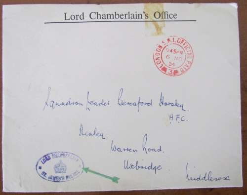 LORD CHAMBERLAIN`S OFFICE ST. JAMES PALACE LONDON to UXBRIDGE 1954 SQUADRON LEADER HORSLEY