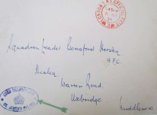 LORD CHAMBERLAIN`S OFFICE ST. JAMES PALACE LONDON to UXBRIDGE 1954 SQUADRON LEADER HORSLEY