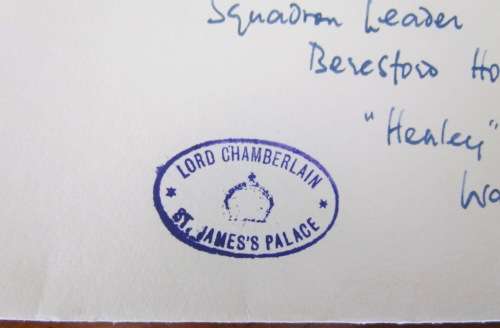 LORD CHAMBERLAIN`S OFFICE ST. JAMES PALACE LONDON to UXBRIDGE 1954 SQUADRON LEADER HORSLEY AFC OFFIC