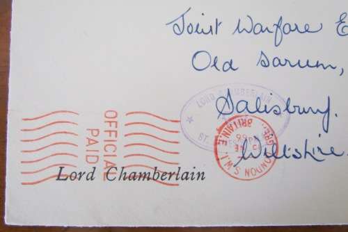 LORD CHAMBERLAIN`S OFFICE ST. JAMES PALACE LONDON to JOINT WARFARE ESTABLISHMENT 1966 A.C. HORSLEY.
