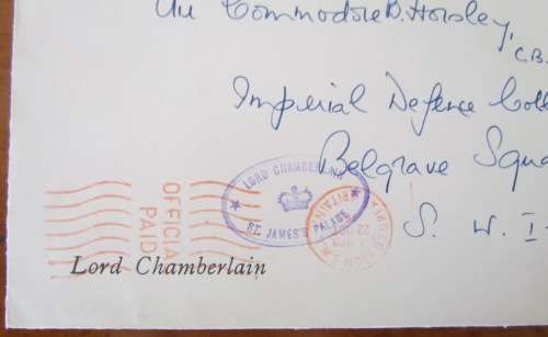 LORD CHAMBERLAIN`S OFFICE ST. JAMES PALACE LONDON to IMPERIAL DEFENCE COLLEGE 1965 A.C. HORSLEY GB.