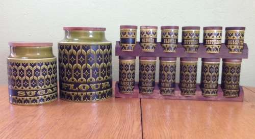 KITCHEN CONTAINERS - SPICE RACKS x 2 - 10 SMALL UNITS 2 Larger FLOUR + SUGAR HORNSEA ENGLAND retro!!
