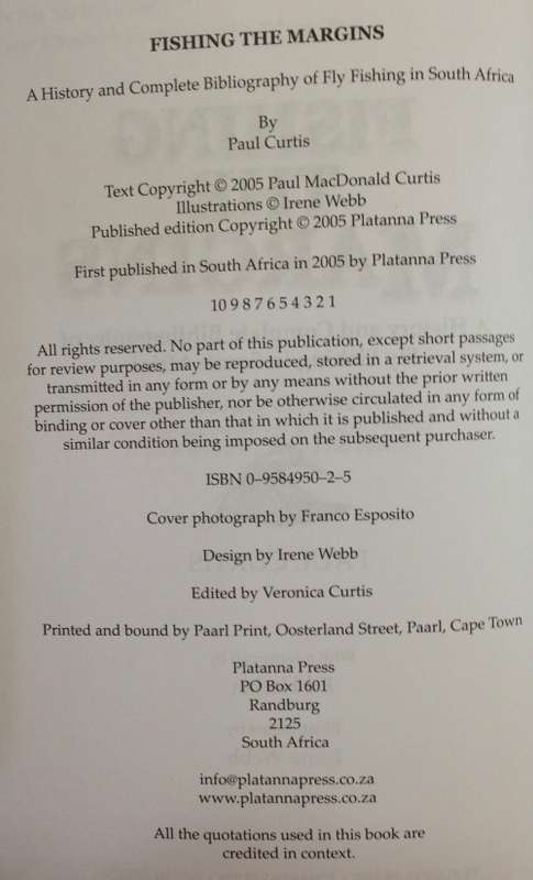 BOOK=FISHING THE MARGINS=FLY FISHING SOUTH AFRICA=PAUL CURTIS=2005.