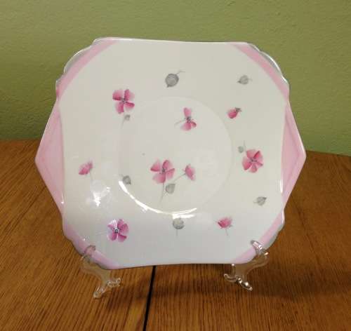 SHELLEY CAKE PLATE PINK CLOVERS GREY LEAVES C12300 1934 England RN795072 STUNNING!!!