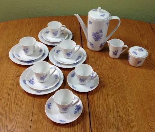 COFFEE SET=HUTSCHENREUTHER=NOBLESSE=BLUE and WHITE=FLOWERS=FLORAL=EGGSHELL THIN PORCELAIN=21 piece.
