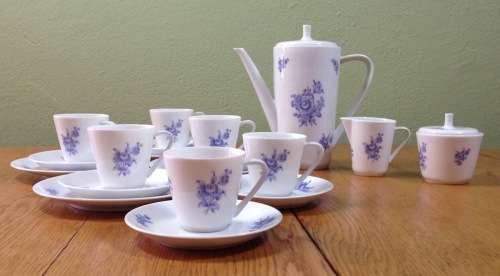 COFFEE SET=HUTSCHENREUTHER=NOBLESSE=BLUE and WHITE=FLOWERS=FLORAL=EGGSHELL THIN PORCELAIN=21 piece.