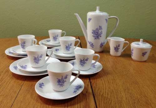 COFFEE SET=HUTSCHENREUTHER=NOBLESSE=BLUE and WHITE=FLOWERS=FLORAL=EGGSHELL THIN PORCELAIN=21 piece.
