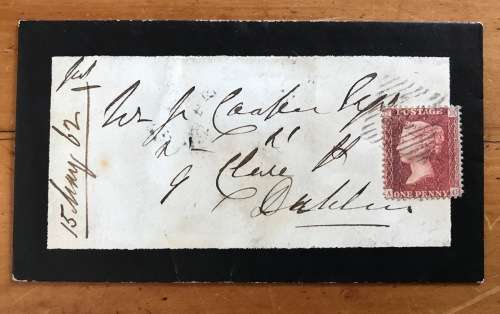 PENNY RED=on COVER=ENGLAND=IRELAND=DUBLIN=15 May 1862=MOURNING COVER=Postal History=GREAT BRITAIN.
