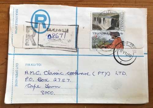 Registered Letter Post Office BRAUNVILLE LADY FRERE TRANSKEI to CAPE TOWN 1980 SOUTH AFRICA.