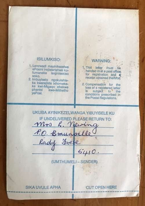 Registered Letter Post Office BRAUNVILLE LADY FRERE TRANSKEI to CAPE TOWN 1980 SOUTH AFRICA.