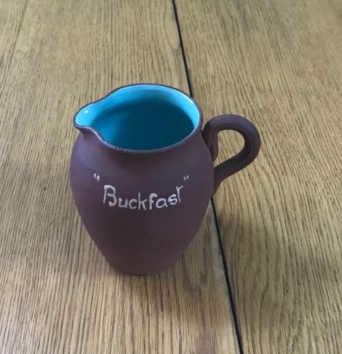 JUG PITCHER CREAMER DEVONMOOR POTTERY ENGLAND Inscibed `BUCKFAST`BROWN and TURQUOISE of DEVON!!!