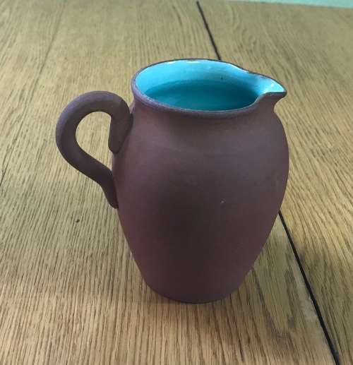 JUG PITCHER CREAMER DEVONMOOR POTTERY ENGLAND Inscibed `BUCKFAST`BROWN and TURQUOISE of DEVON!!!