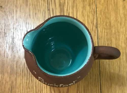 JUG PITCHER CREAMER DEVONMOOR POTTERY ENGLAND Inscibed `BUCKFAST`BROWN and TURQUOISE of DEVON!!!