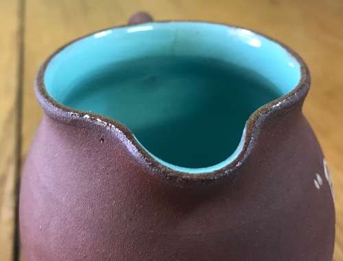 JUG PITCHER CREAMER DEVONMOOR POTTERY ENGLAND Inscibed `BUCKFAST`BROWN and TURQUOISE of DEVON!!!