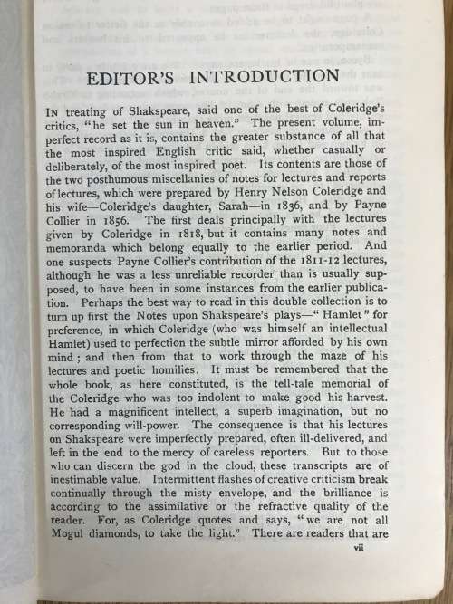 Coleridge`s Essays + Lectures on Shakespeare & Old Poets & Dramatists. Everyman`s Library No. 162.