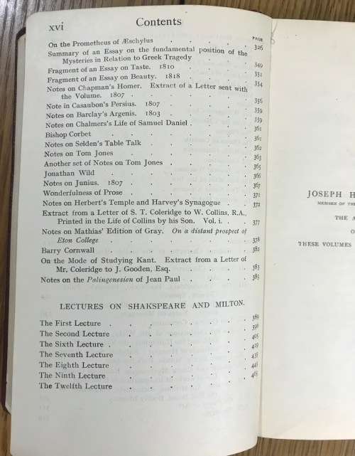 Coleridge`s Essays + Lectures on Shakespeare & Old Poets & Dramatists. Everyman`s Library No. 162.