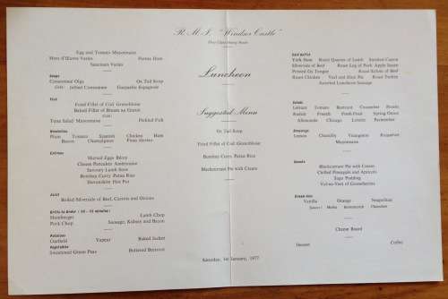 UNION-CASTLE LINE MENU=SAFMARINE=WINDSOR CASTLE=LUNCHEON=1 JAN 1977=REEDBUCK=1st CLASS DINING.