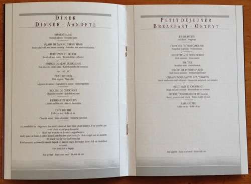 SAA SAL SOUTH AFRICAN AIRWAYS MENU SILVER CLASS BREAKFAST DINNER.