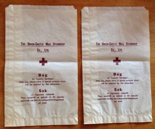 UNION-CASTLE MAIL STEAMSHIP C0., LTD.=2 x BAGS for HYGIENIC BANDAGES=RED CROSS=ENGLISH=AFRIKAANS.