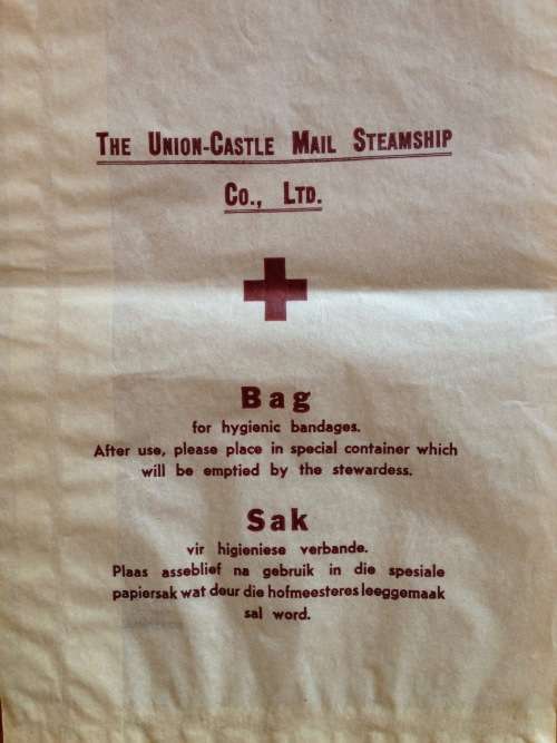 UNION-CASTLE MAIL STEAMSHIP C0., LTD.=2 x BAGS for HYGIENIC BANDAGES=RED CROSS=ENGLISH=AFRIKAANS.