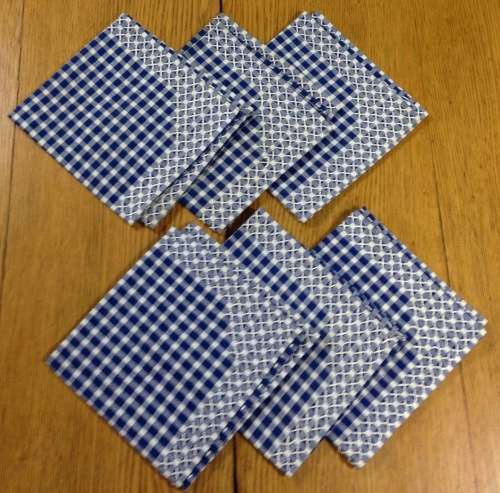 SERVIETTES x 6 + MATCHING TABLE CLOTH MATERIAL CLOTH LINEN BLUE and WHITE SQUARES EDGED STUNNING!!!!
