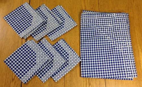 SERVIETTES x 6 + MATCHING TABLE CLOTH MATERIAL CLOTH LINEN BLUE and WHITE SQUARES EDGED STUNNING!!!!