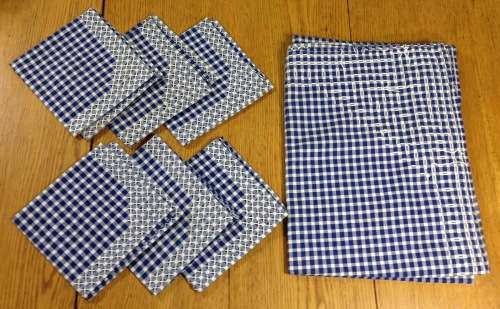 SERVIETTES x 6 + MATCHING TABLE CLOTH MATERIAL CLOTH LINEN BLUE and WHITE SQUARES EDGED STUNNING!!!!